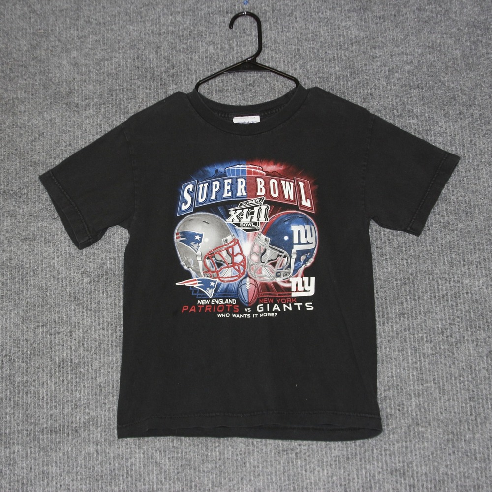 Patriots Giants Reebok T Shirt Boys M Black Super Bowl XLII Event Sports Retro